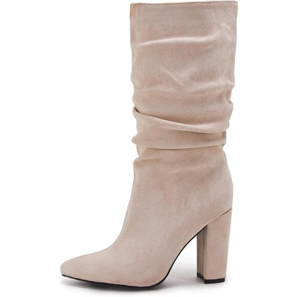 Women's Nude Suede Mid Calf High Slouchy Chunky Heel Block Pointed Toe Boots - Picture 2 of 5